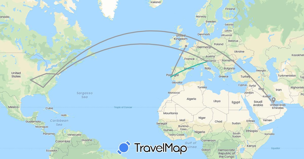 TravelMap itinerary: driving, plane, train in United Kingdom, Italy, Portugal, United States (Europe, North America)